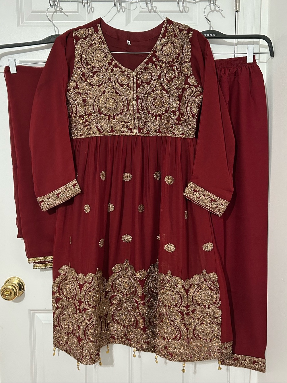 3 piece stitched formal Pakistani suit in maroon